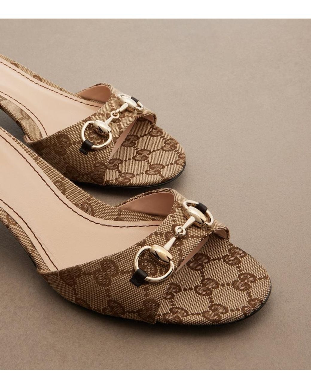 Gucci Natural Horsebit Gg Canvas Mules