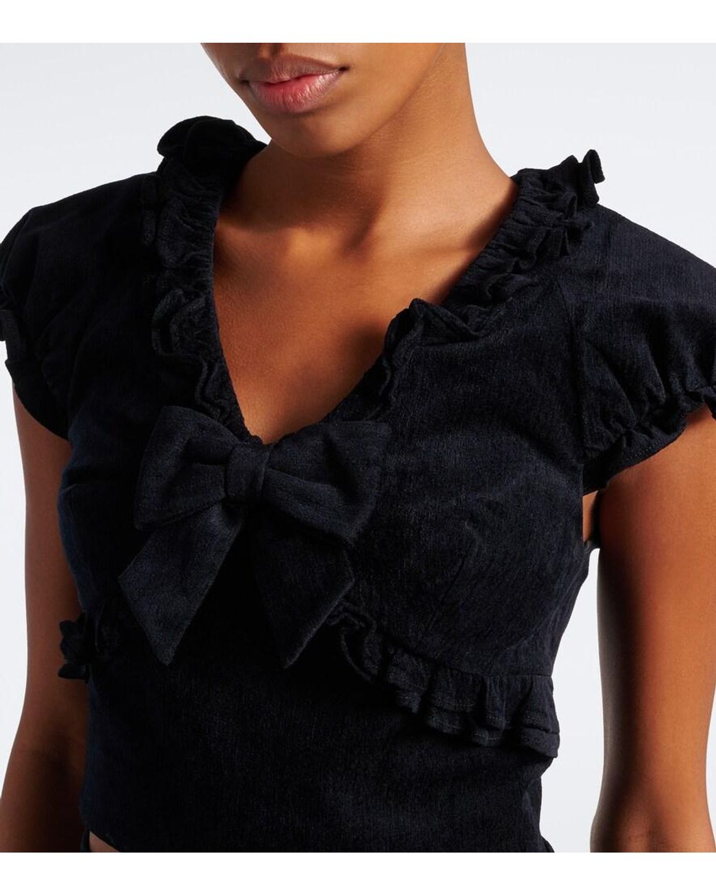 ShuShu/Tong Black Embellished Ruffled Cotton-Blend Top