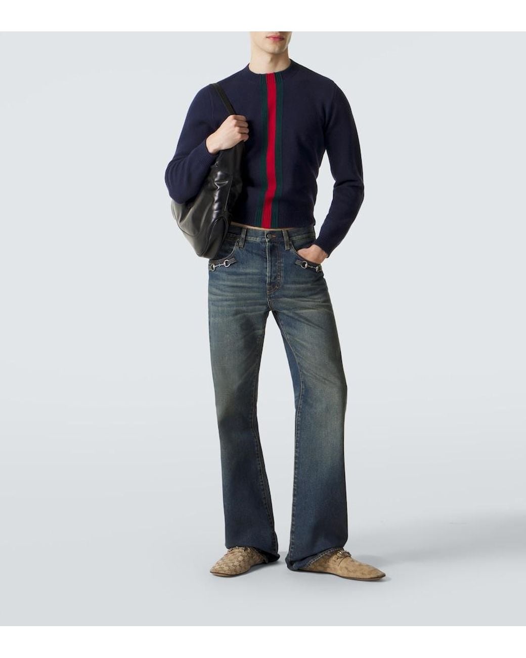 Gucci Blue Web Stripe Wool Sweater for men
