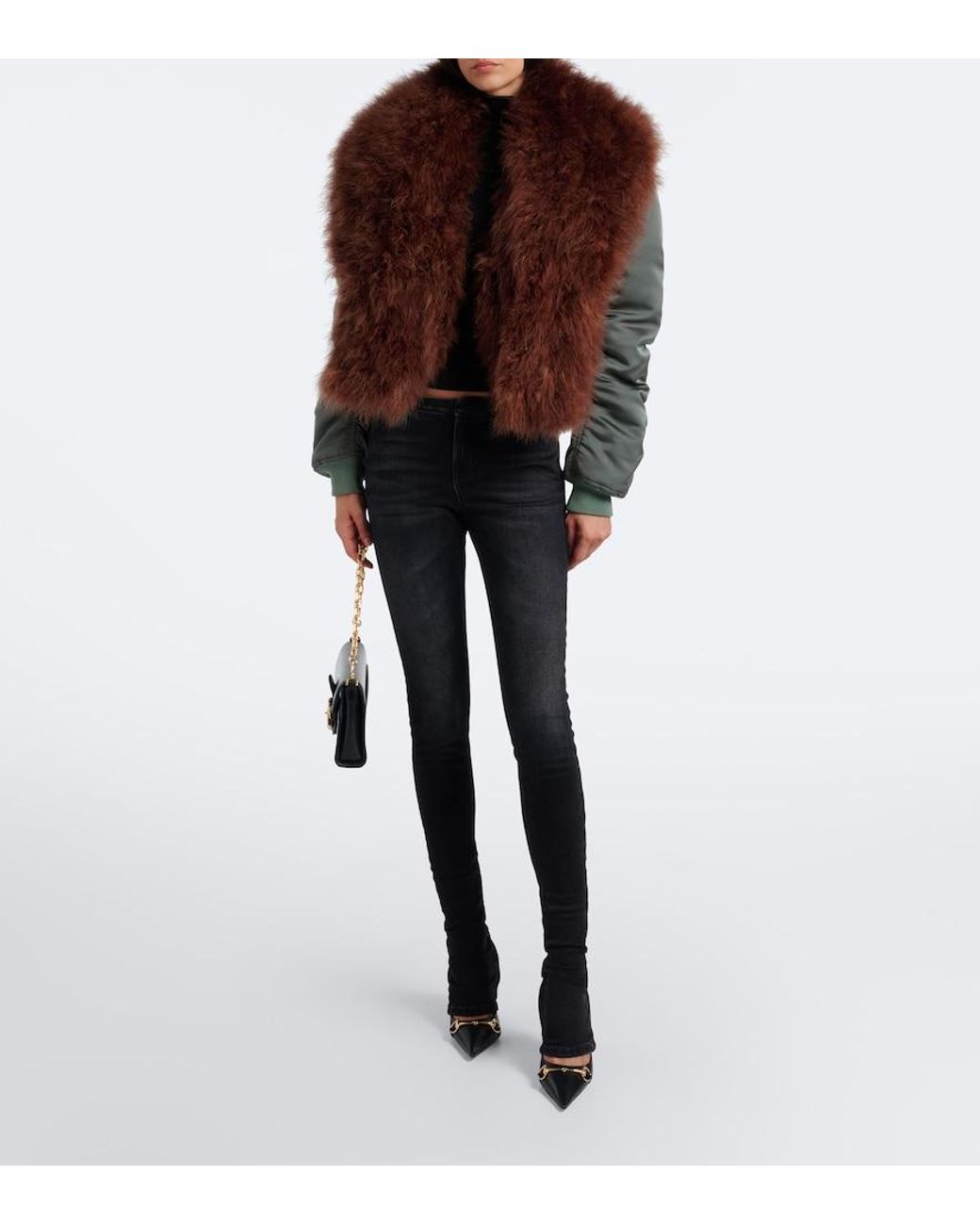 Gucci Brown Feather-Trimmed Silk Duchesse Bomber Jacket