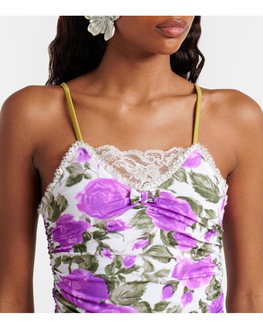 Chloé Purple Floral Ruched Lace-Trimmed Swimsuit