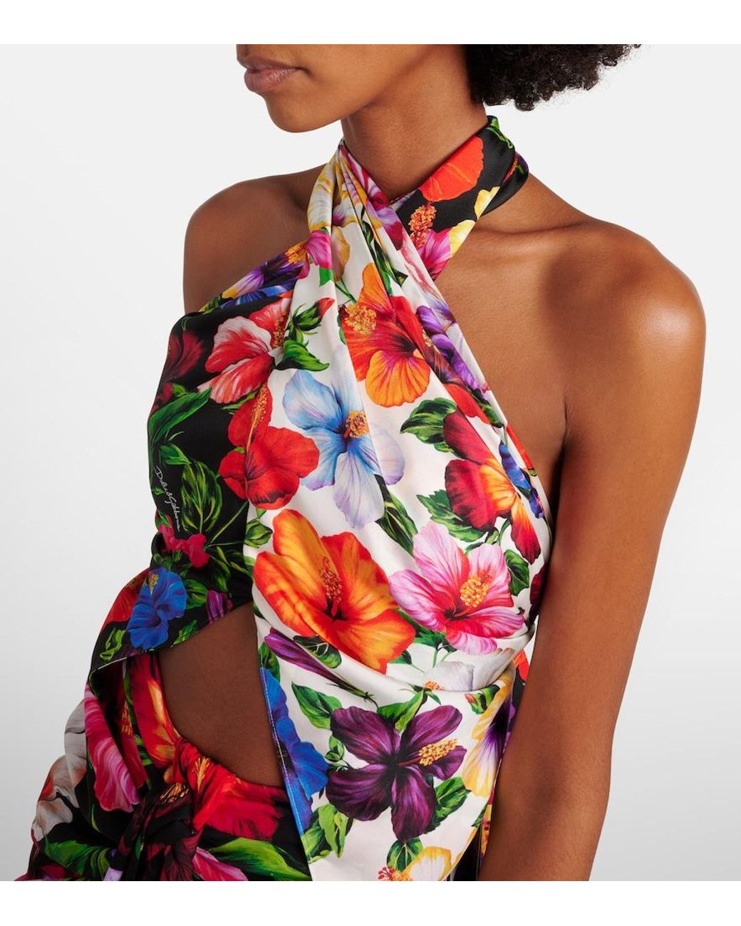 Dolce & Gabbana White Floral Scarf-Detail Silk Top