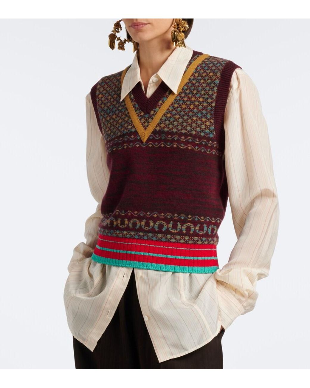 Dries Van Noten Red Jacquard Cashmere And Wool Vest