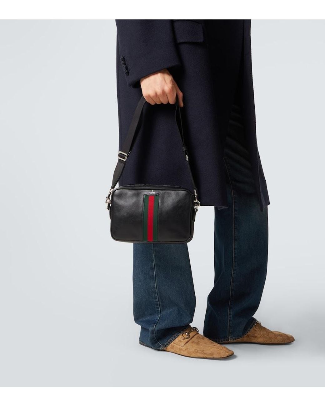 Gucci Black Web Trademark Small Leather Crossbody Bag for men