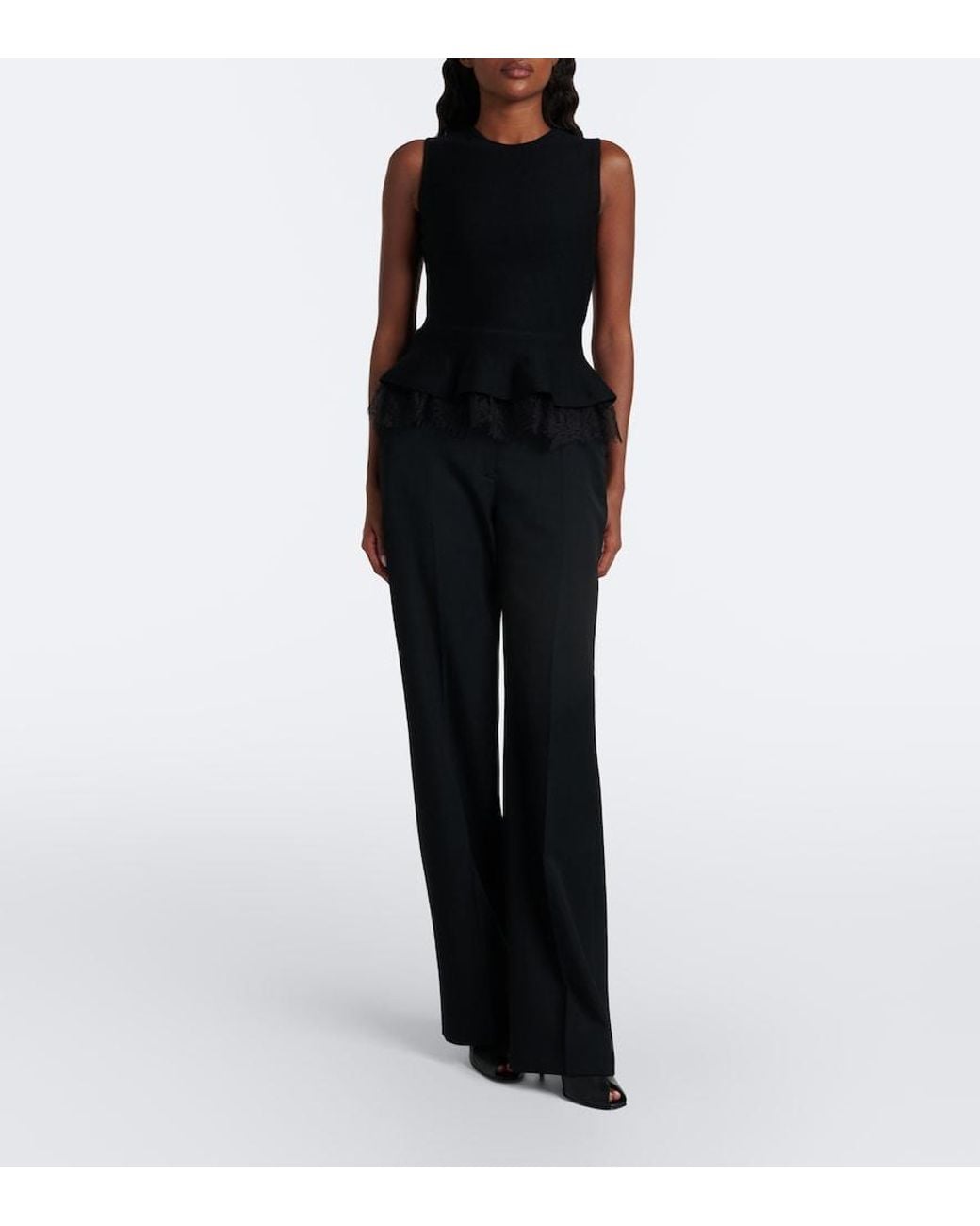 McQueen Black Lace-Trimmed Peplum Top