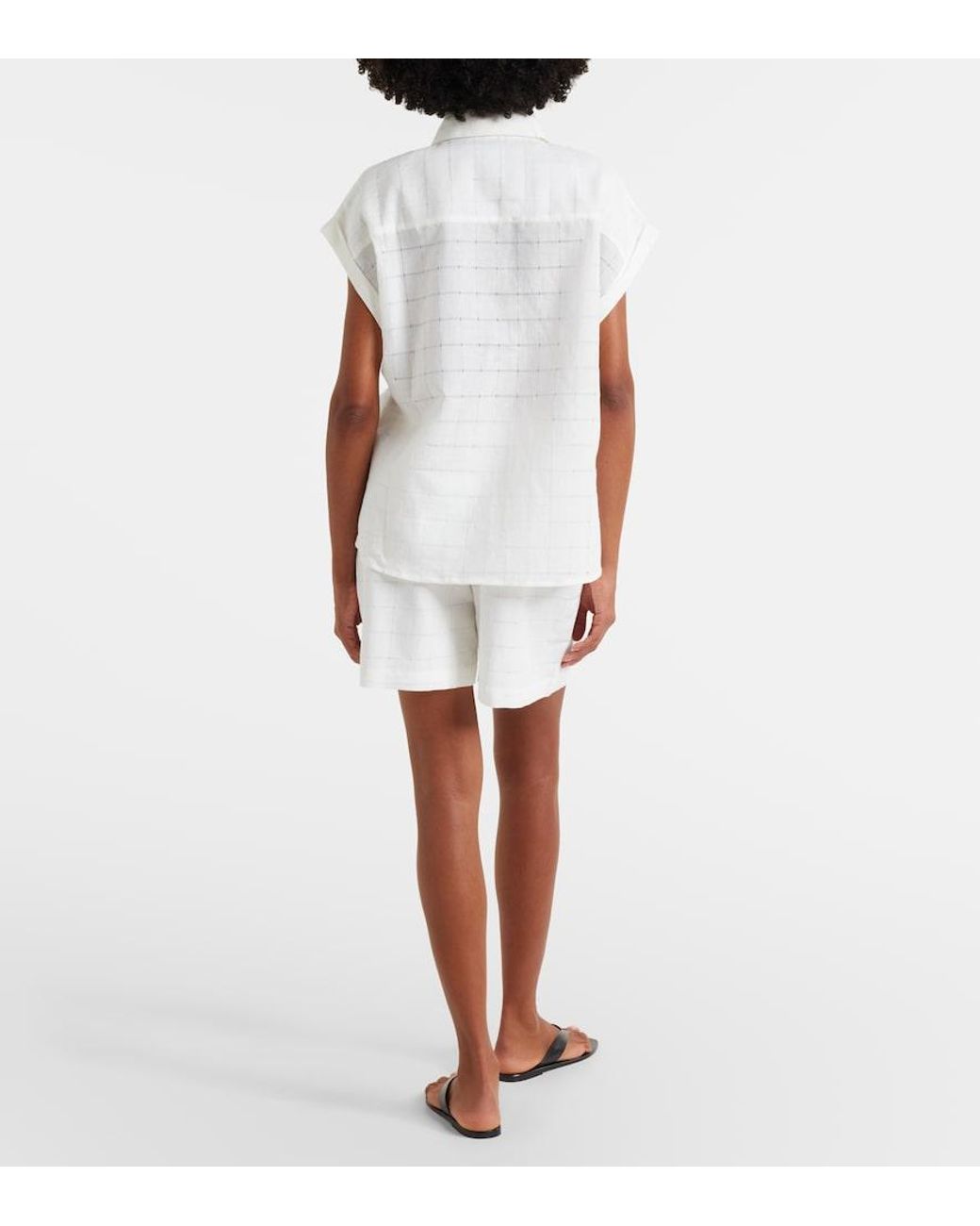 Asceno White Boston Checked Linen And Cotton Shorts