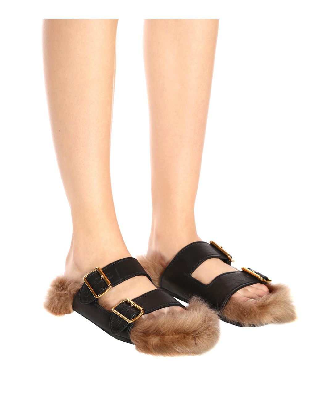 Prada Fur-lined Leather Sandals in Black | Lyst UK