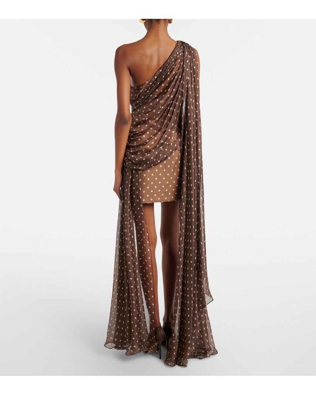 Elie Saab Brown Caped One-Shoulder Polka-Dot Silk-Blend Minidress