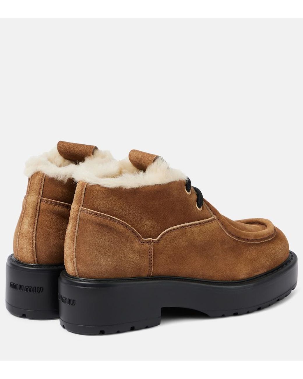 Miu Miu Brown Chunky Shearling-Trimmed Leather Flats