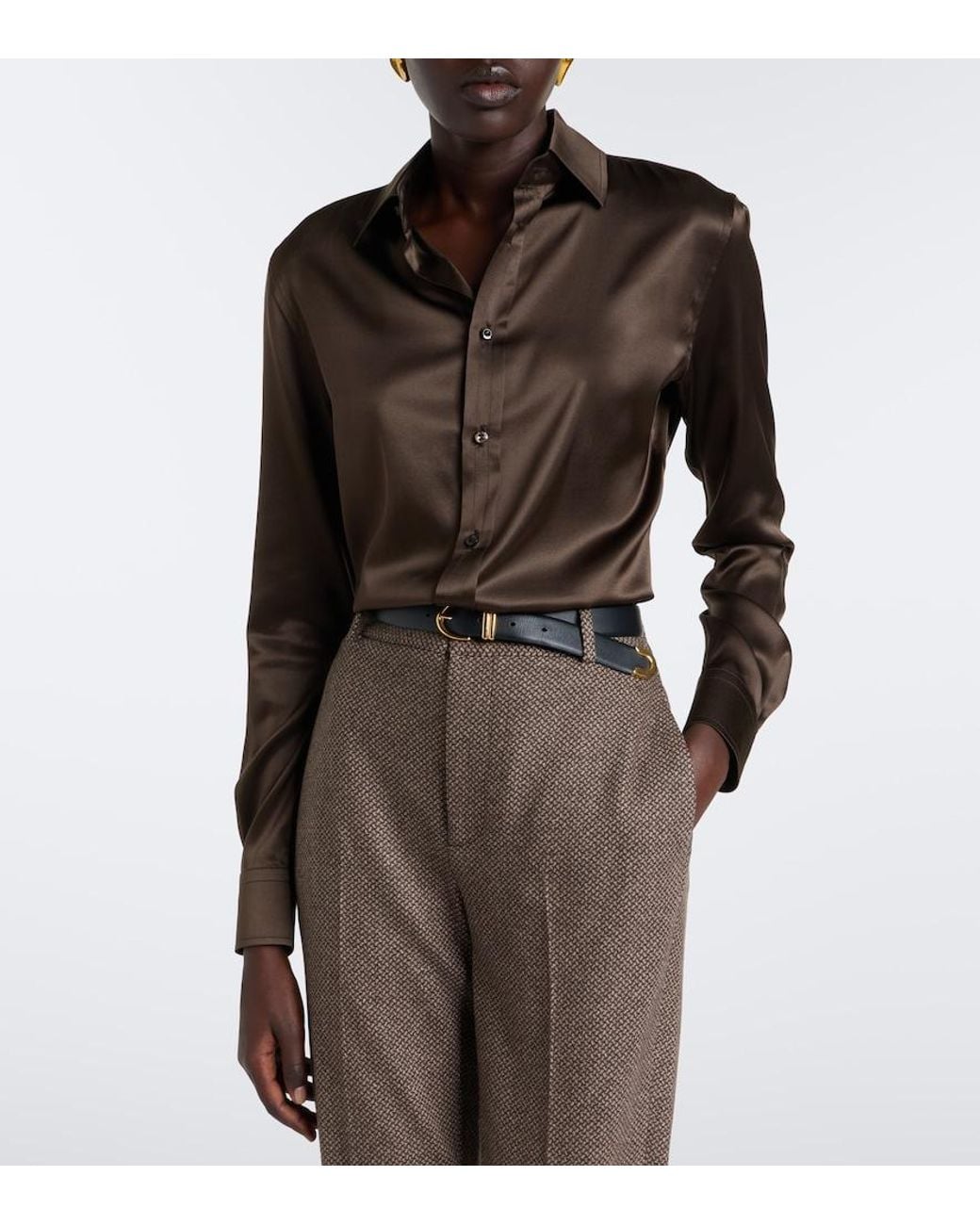 Ralph Lauren Brown Silk-Blend Satin Shirt