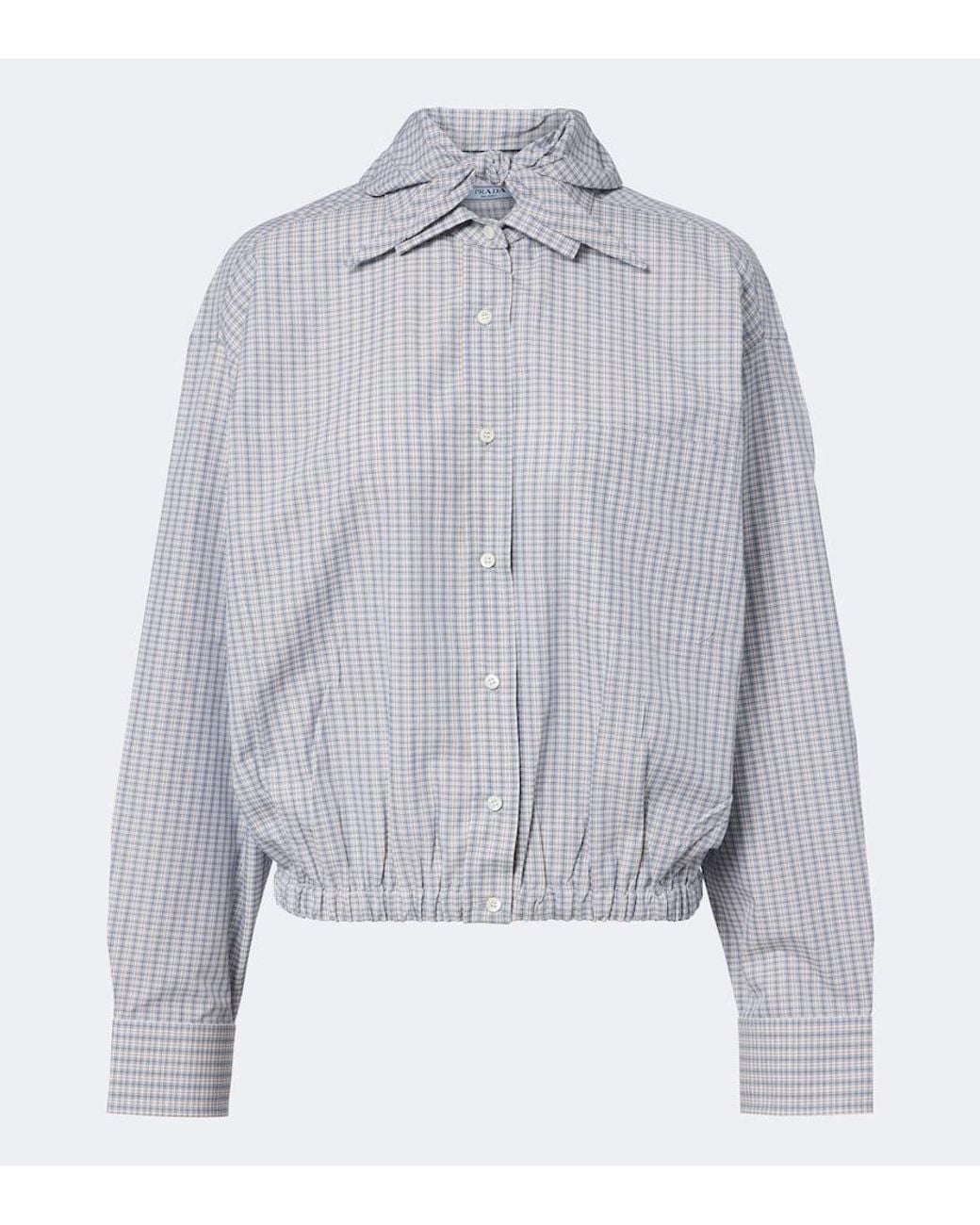 Prada Gray Bow-Detail Checked Cotton Blouse