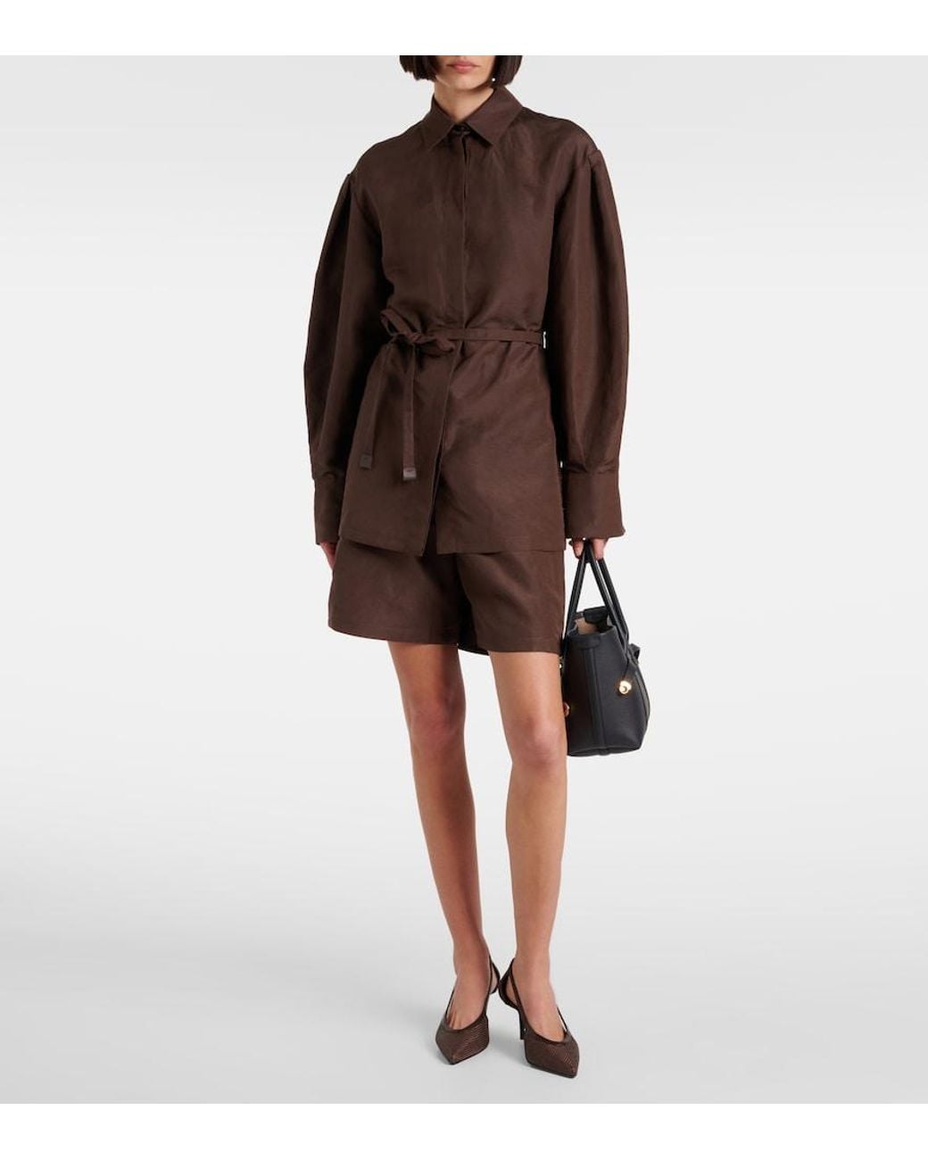 Max Mara Brown Affari Belted Linen And Silk Shirt
