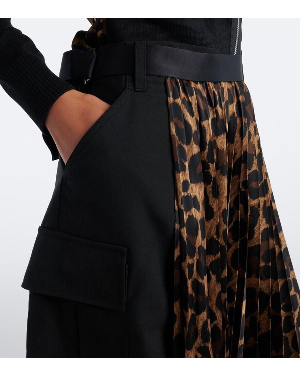 Sacai Black Paneled Leopard-Print Midi Skirt