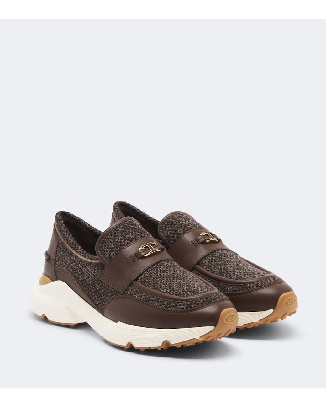 Tod's Brown Leather-Trimmed Knitted Slip-On Shoes