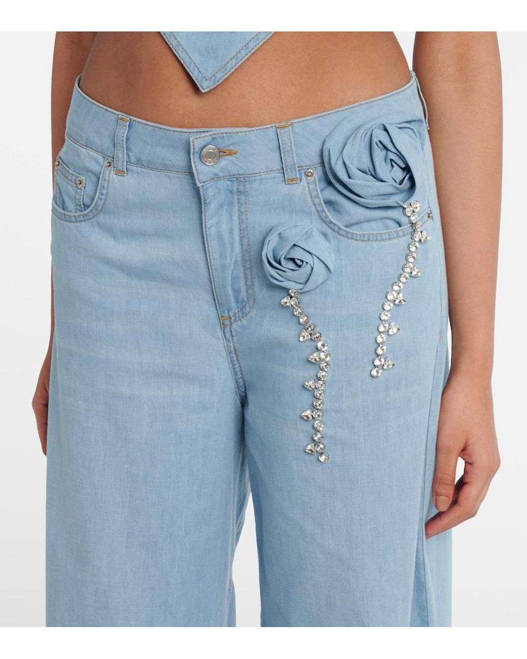 Area Blue Embellished Floral-Applique Wide-Leg Jeans