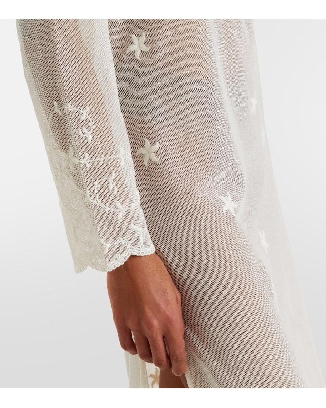 Posse White Cove Embroidered Sheer Cotton Tulle Kaftan