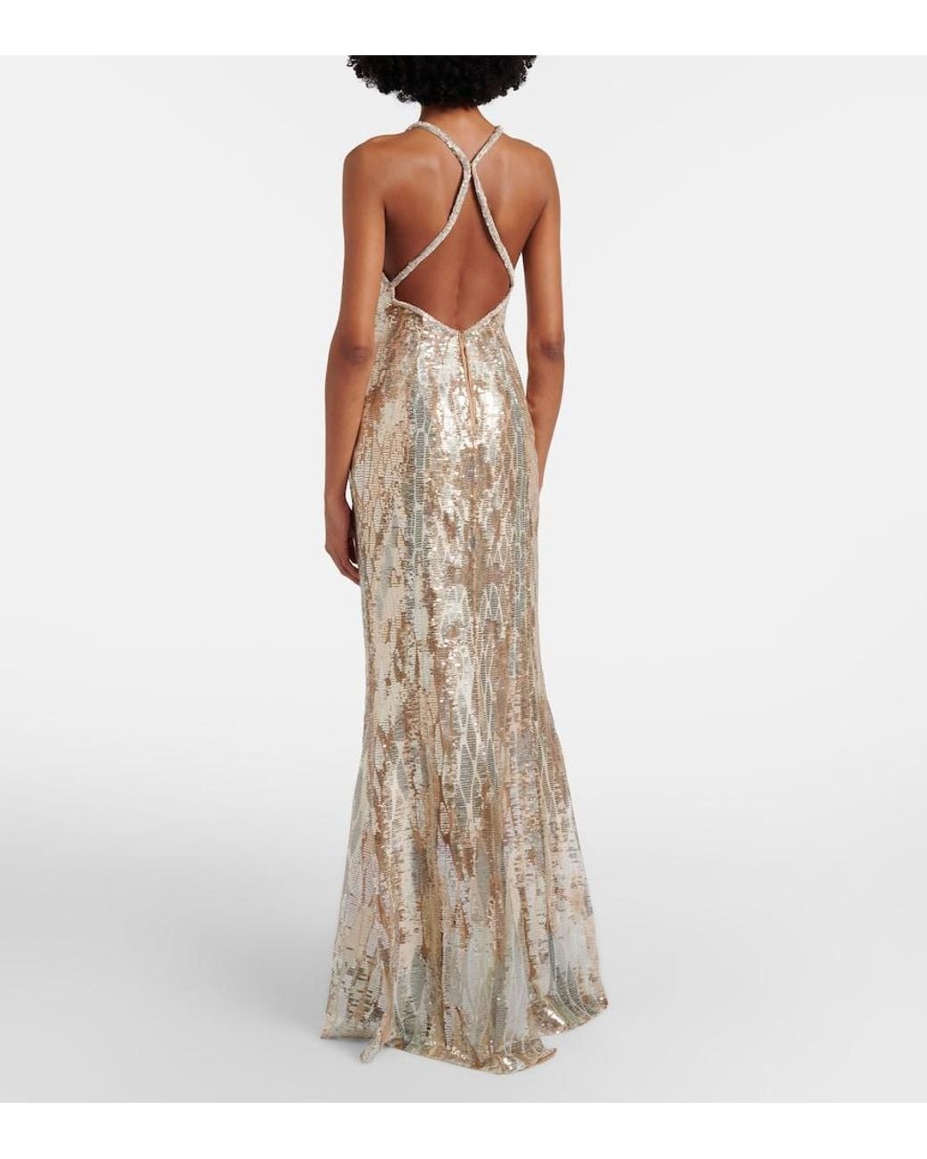 Elie Saab Natural Sequined Silk-Blend Gown