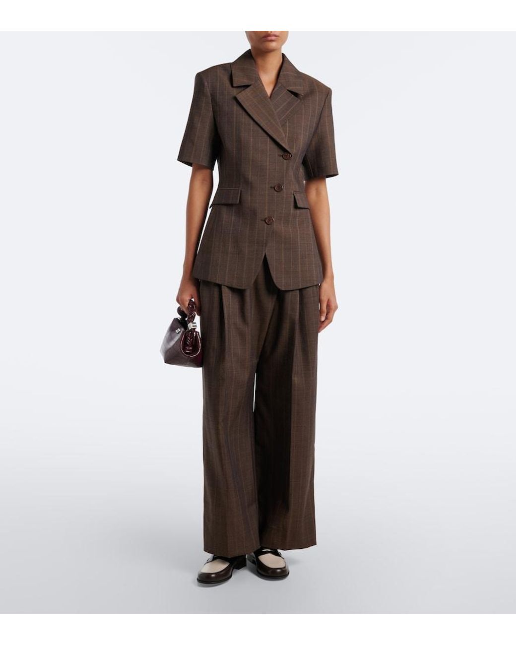 Ganni Brown Striped Pleated Wool Wide-Leg Pants