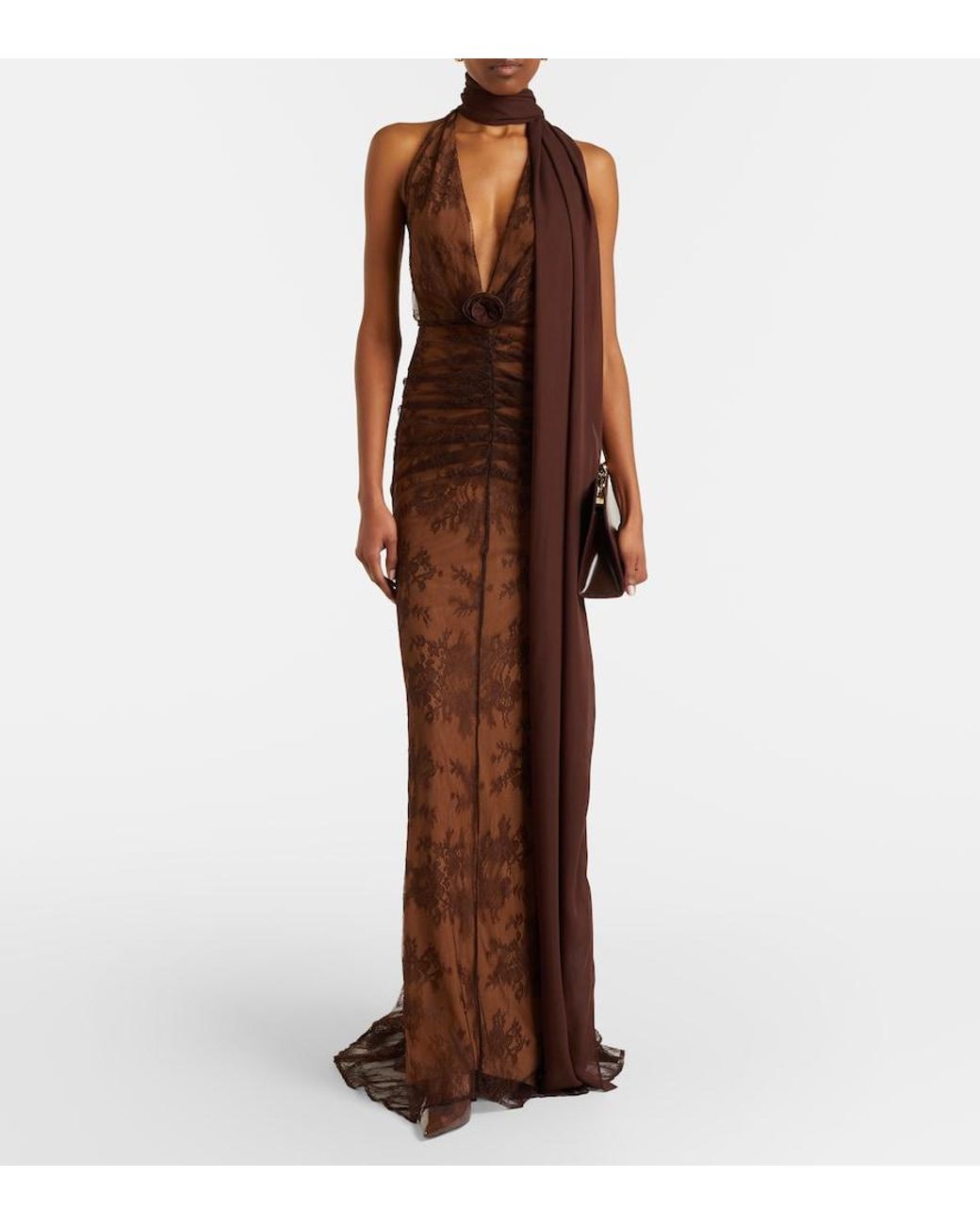 De La Vali Brown Amora Scarf-Detail Ruched Lace Maxi Dress