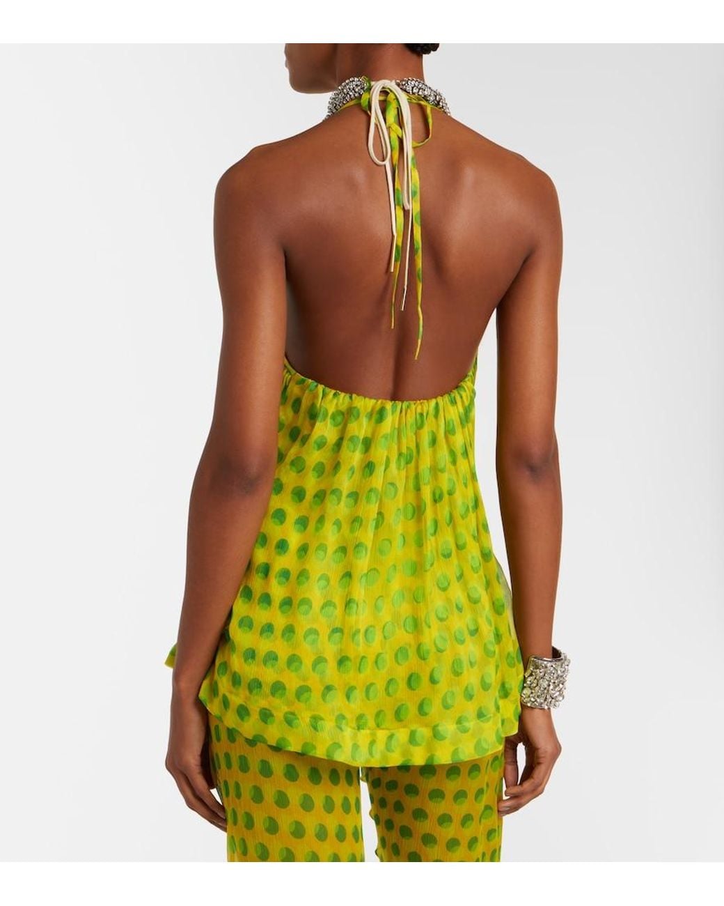 Dries Van Noten Green Polka-Dot Halterneck Silk Top