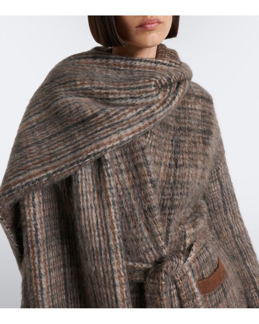 Brunello Cucinelli Brown Checked Scarf-Detail Mohair-Blend Wrap Coat