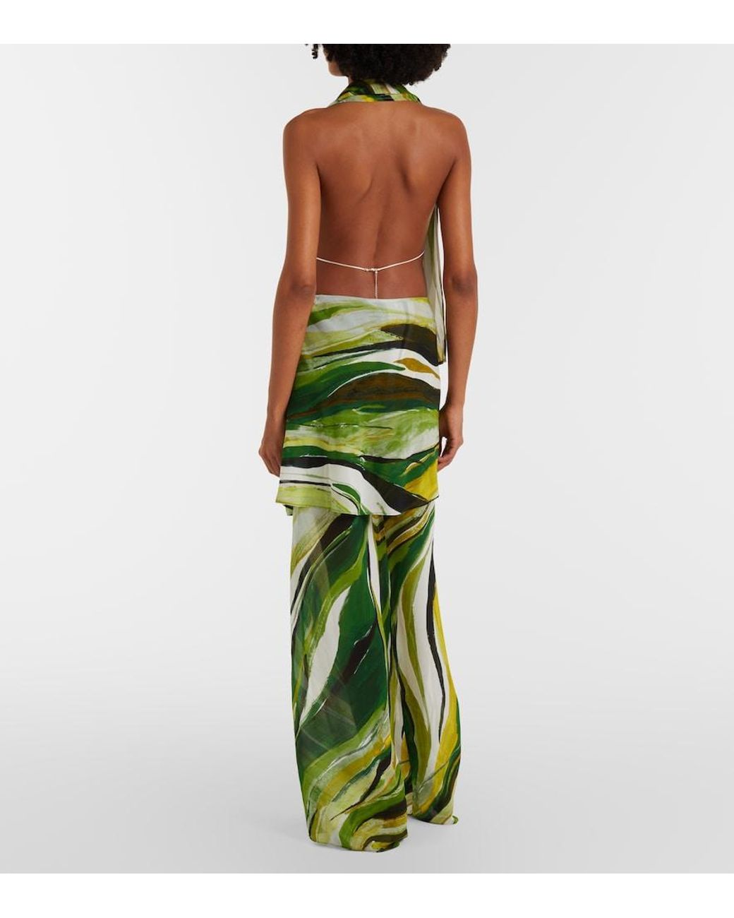 Christopher Esber Green Printed Silk Wide-Leg Pants
