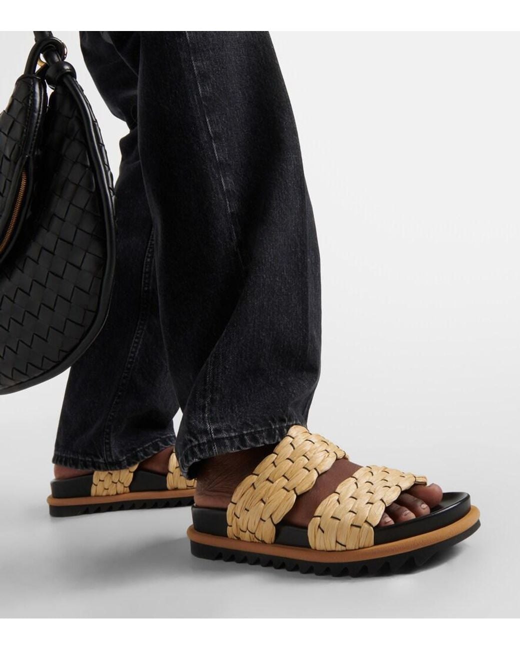 Dries Van Noten Natural Woven And Raffia And Leather Slides