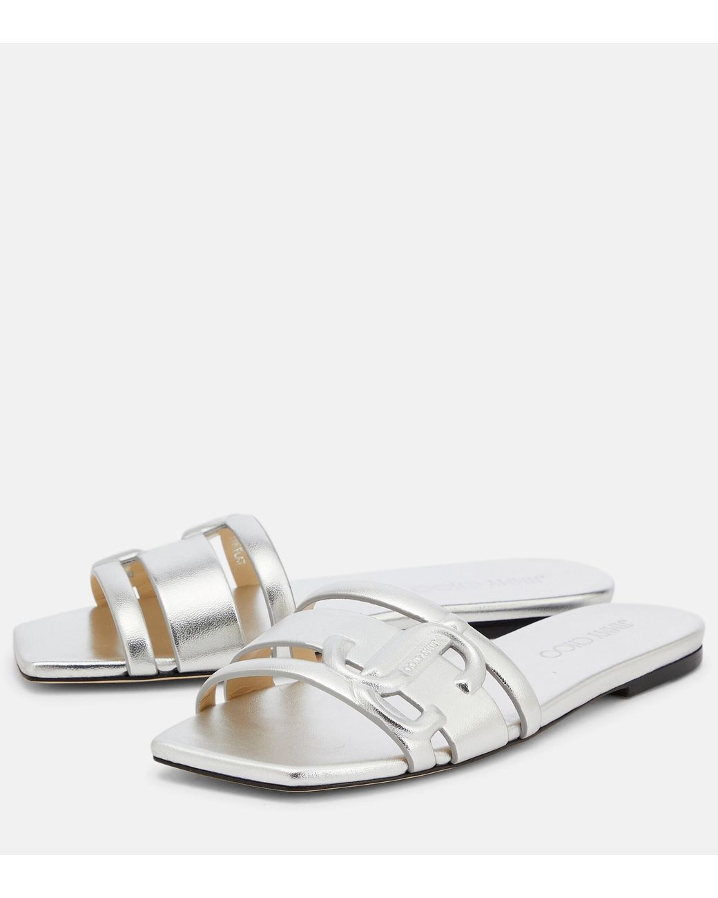 Jimmy Choo Laran Flat Metallic Leather Sandals in White | Lyst