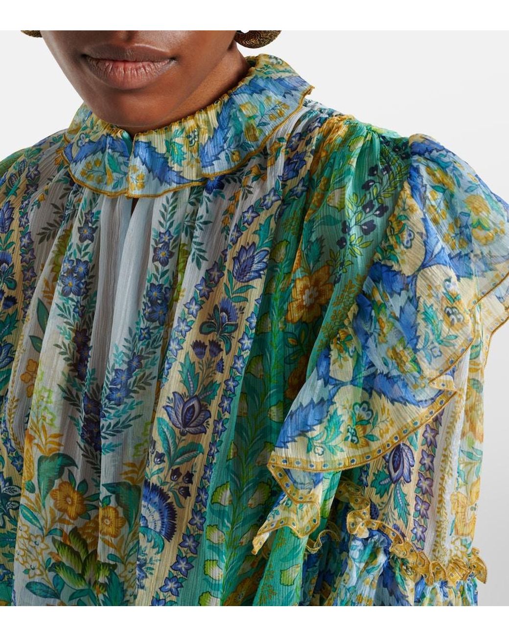 Etro Green Floral Ruffled Silk Blouse