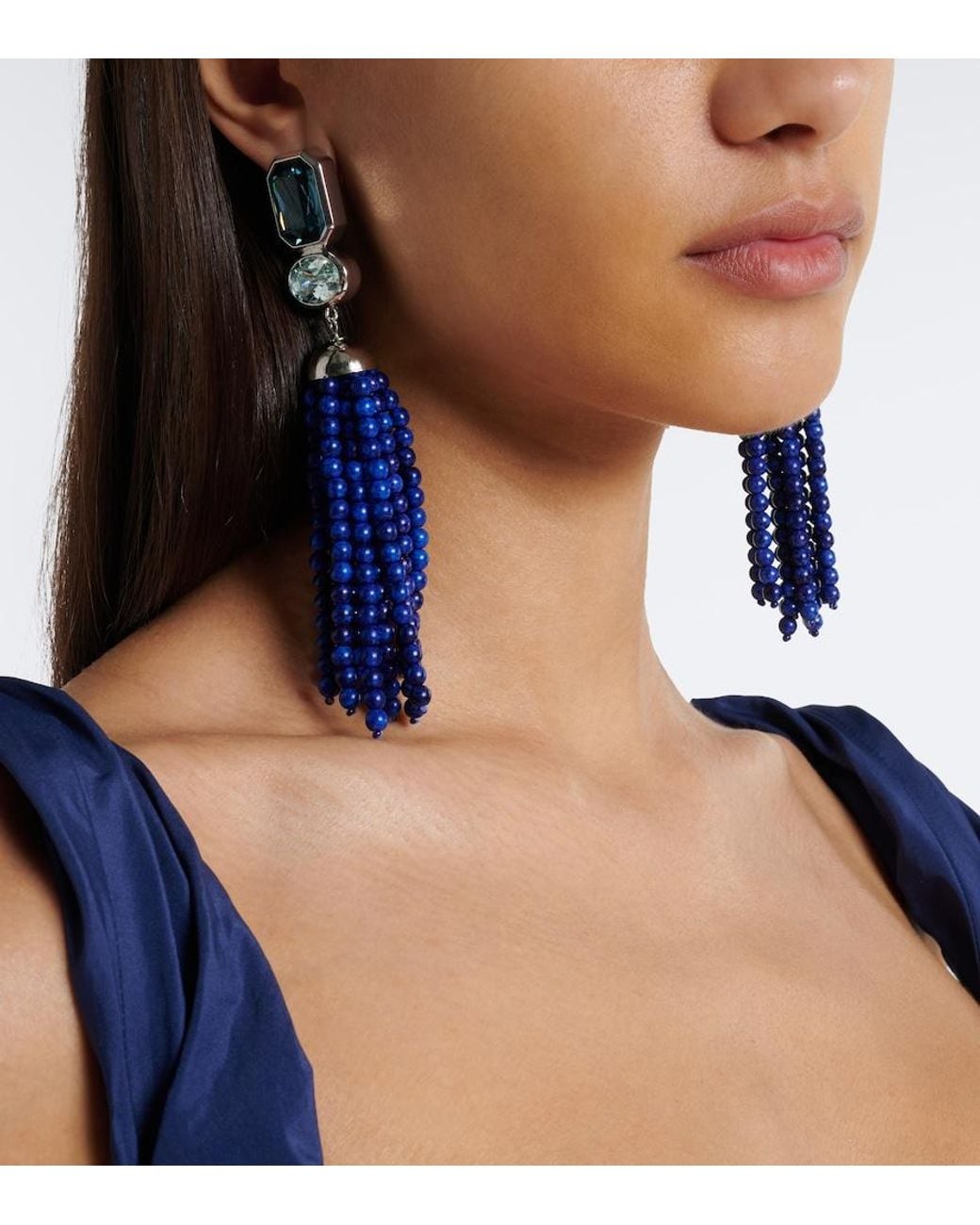 Jennifer Behr Blue Embellished Fringed Drop Earrings