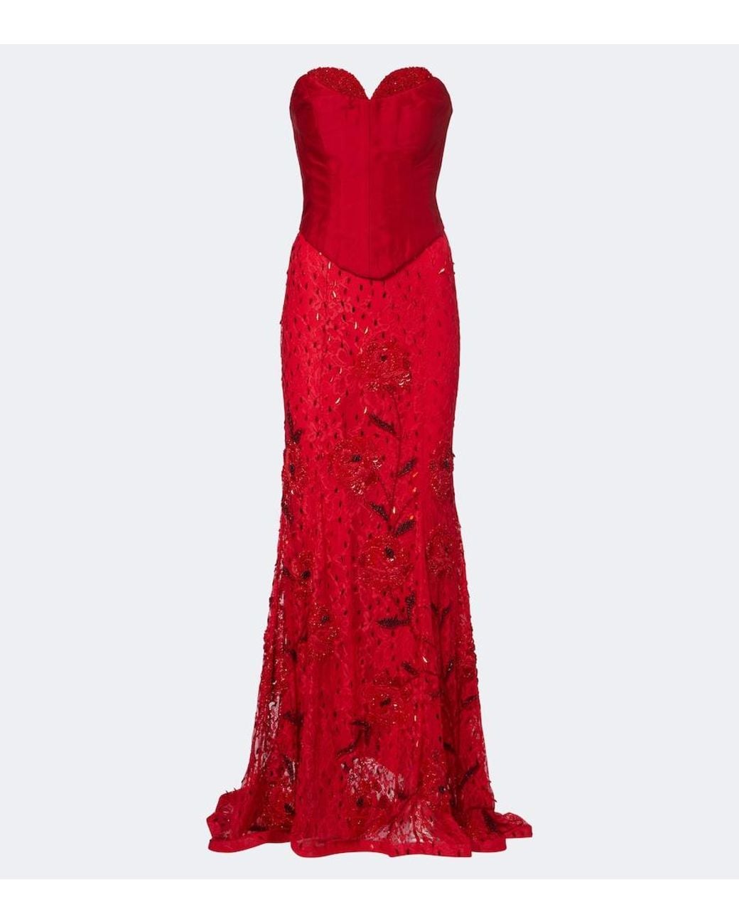 La Fuori Red Embellished Lace Bustier Gown