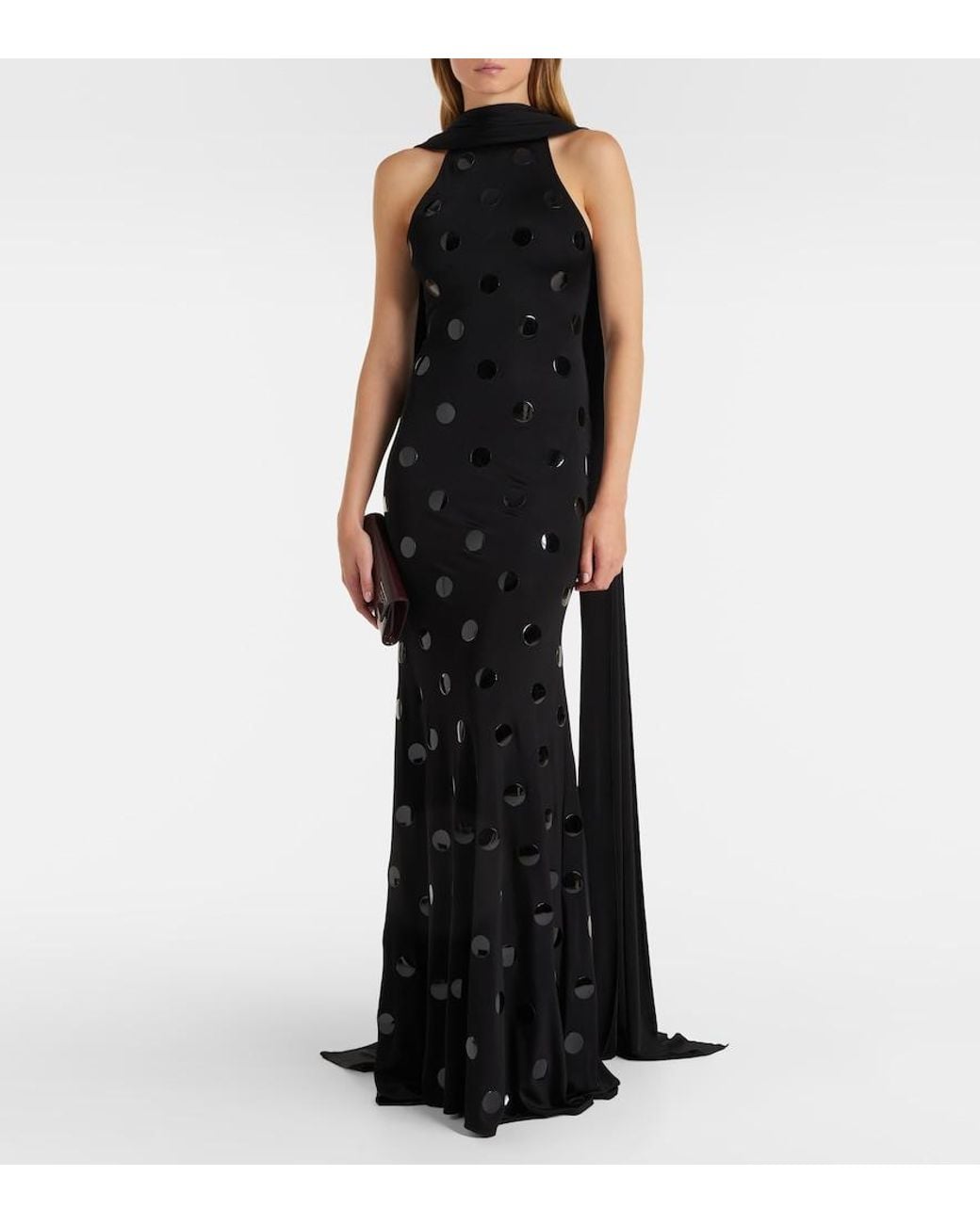 David Koma Black Embellished Scarf-Detail Jersey Gown