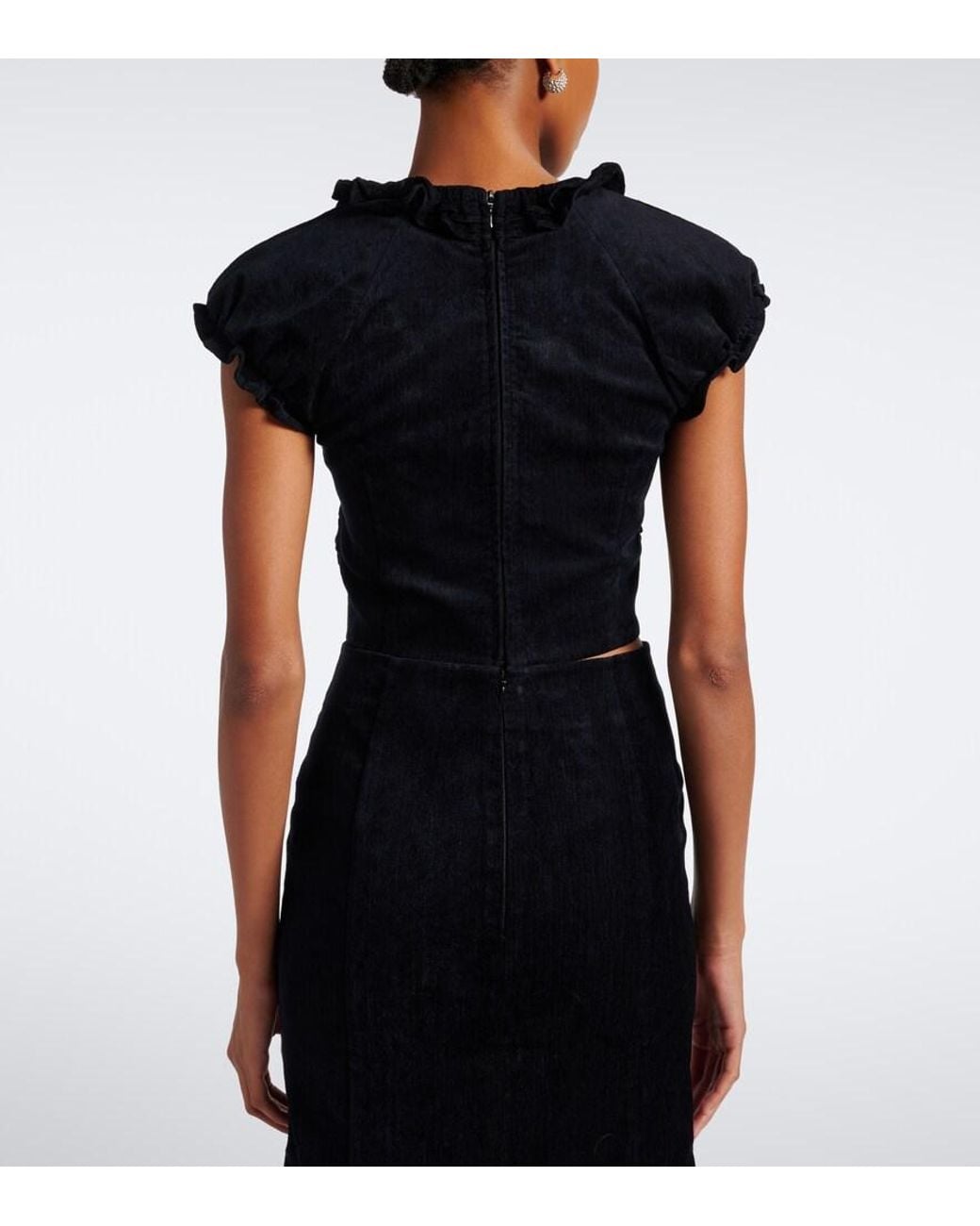 ShuShu/Tong Black Embellished Ruffled Cotton-Blend Top
