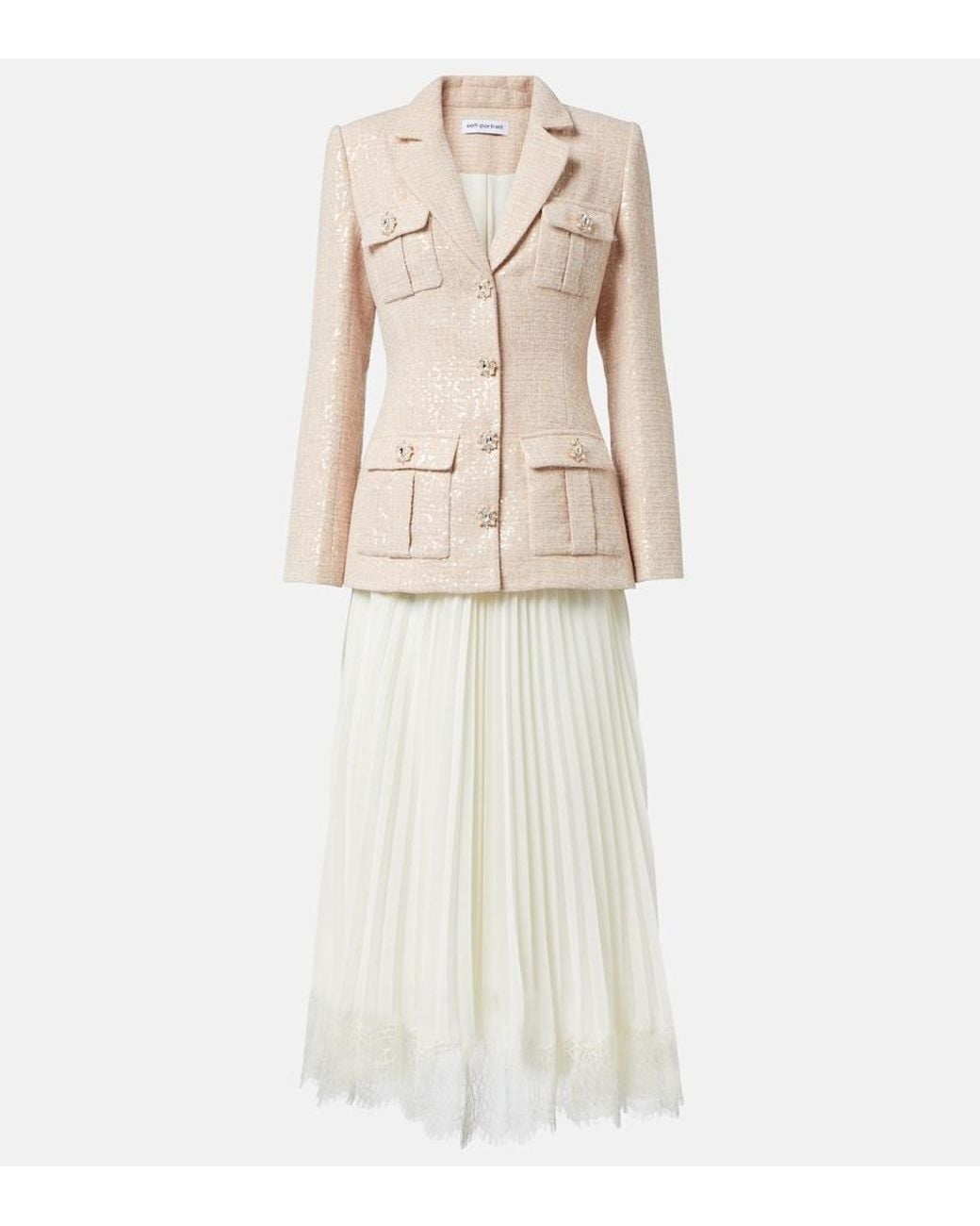 Self-Portrait Sequined Boucle And Chiffon Midi Dress in Natural | Lyst UK