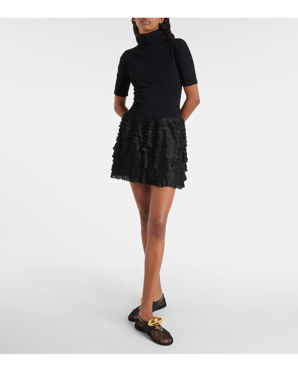 Alaïa Black Ruffled High-Neck Jersey Minidress