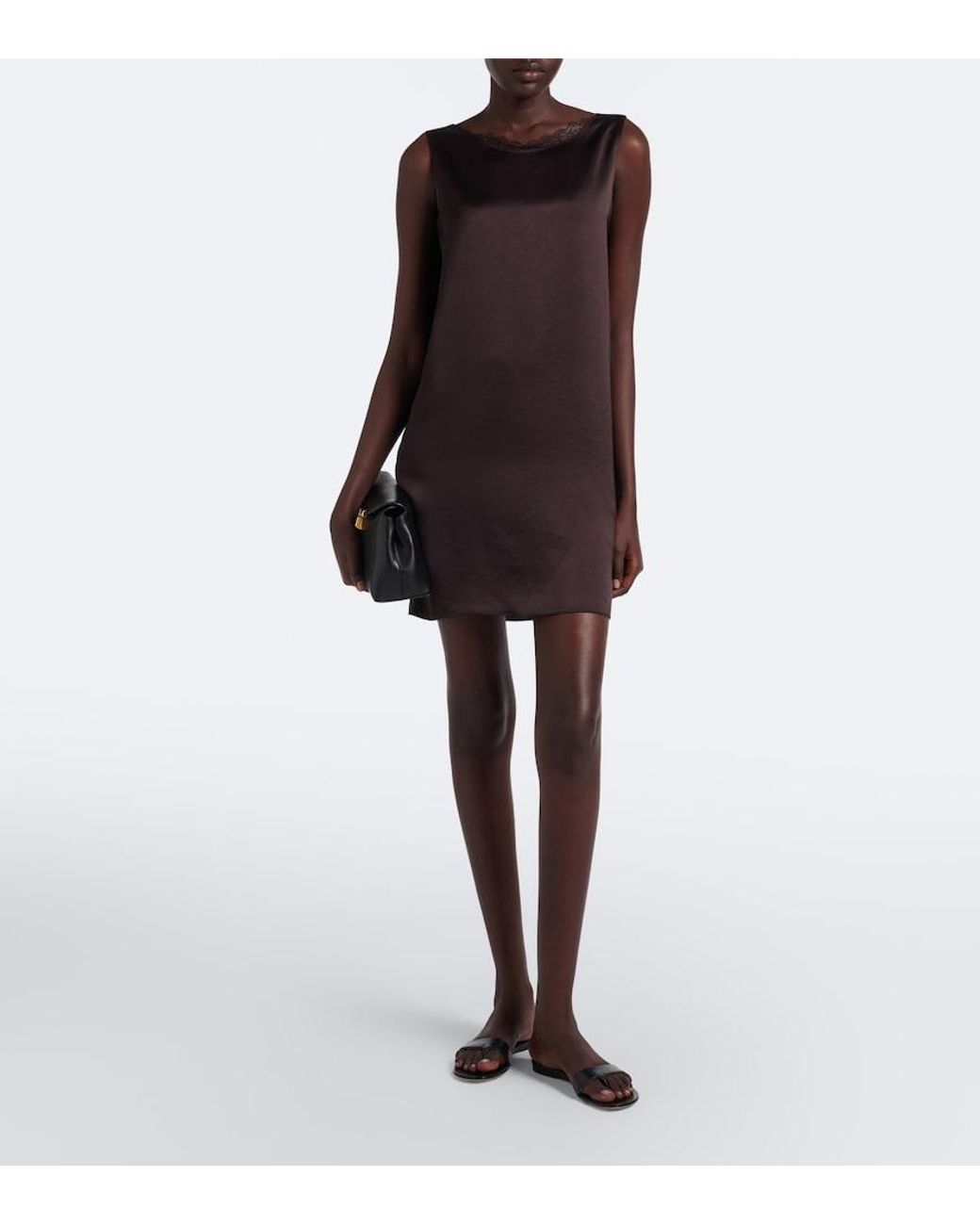 Leset Brown Barb Lace-Trimmed Satin Minidress