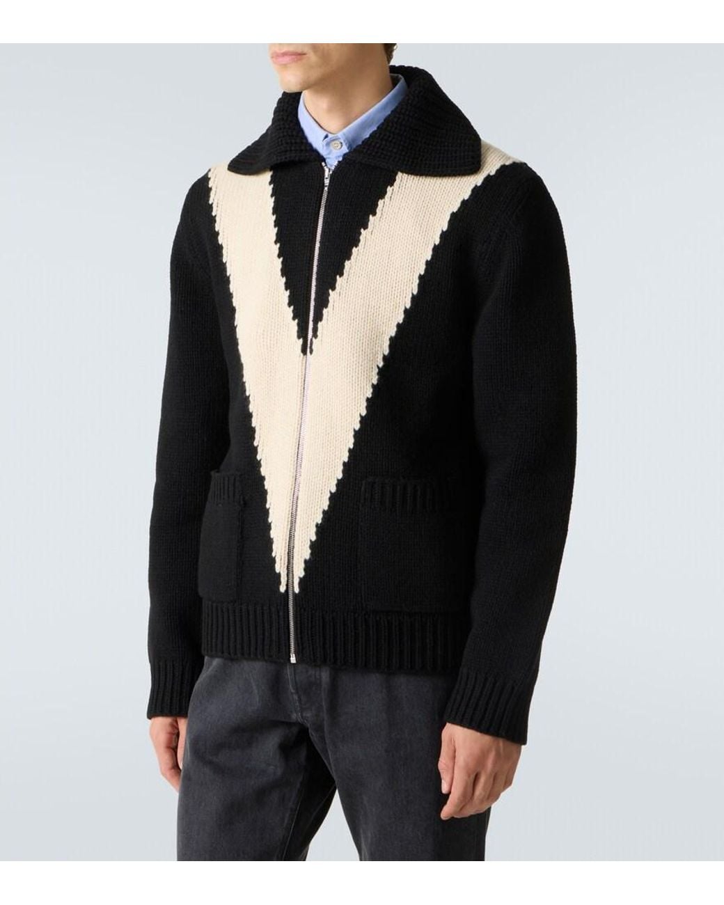 Valentino Black Intarsia Virgin Wool Zip-Up Cardigan for men