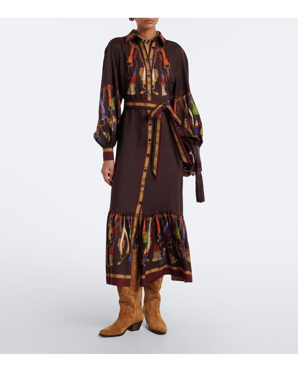 Etro Brown Printed Wool And Silk Twill Shirt Dress