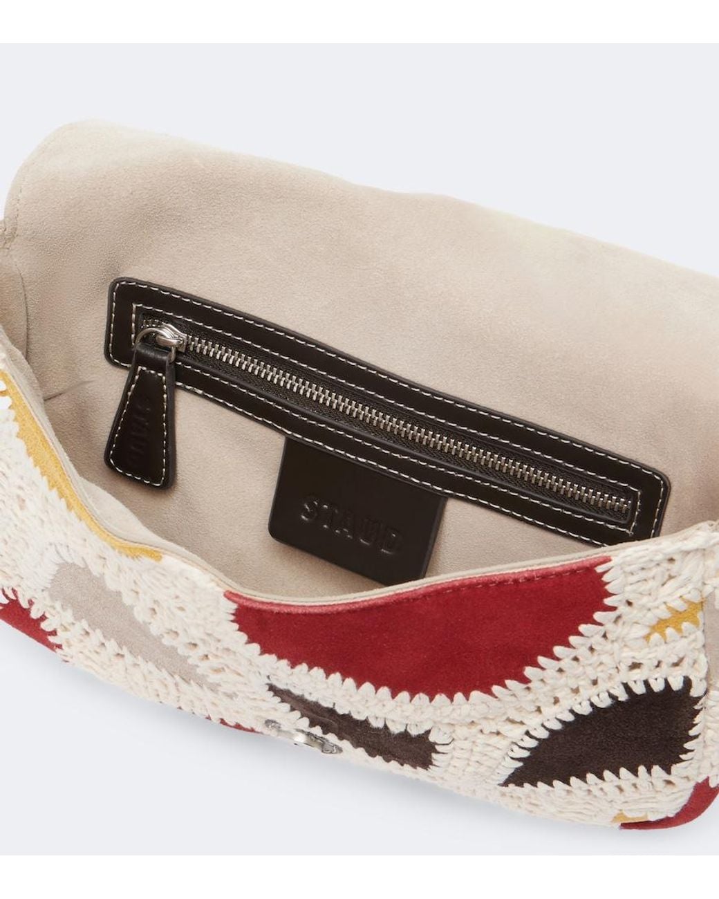 Staud Pink Harlow Small Suede And Crochet Shoulder Bag