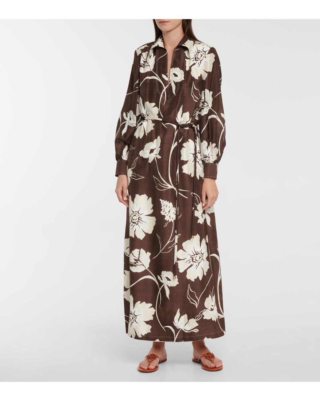 Tory Burch Floral Silk Maxi Dress in Brown | Lyst