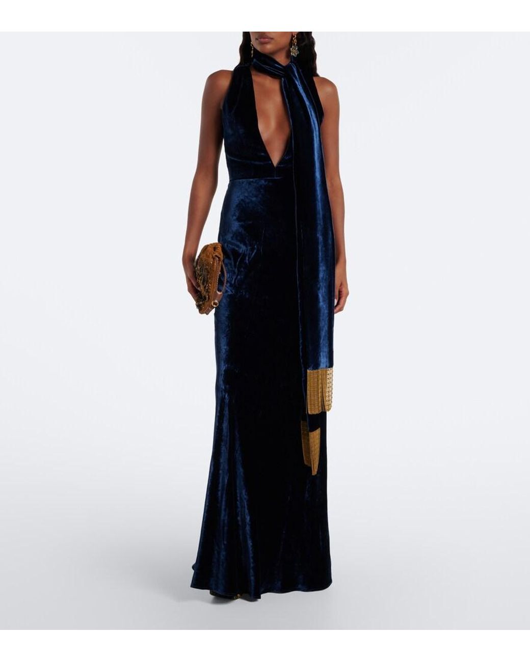 Etro Blue Scarf-Detail Velvet Gown