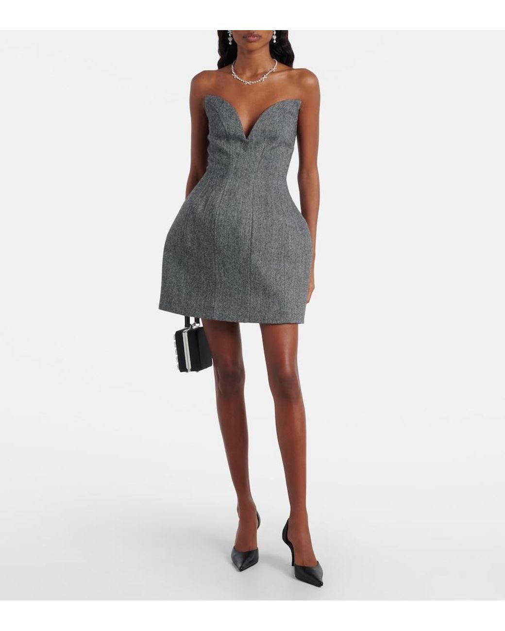 Self-Portrait Black Herringbone Wool-Blend Bustier Dress