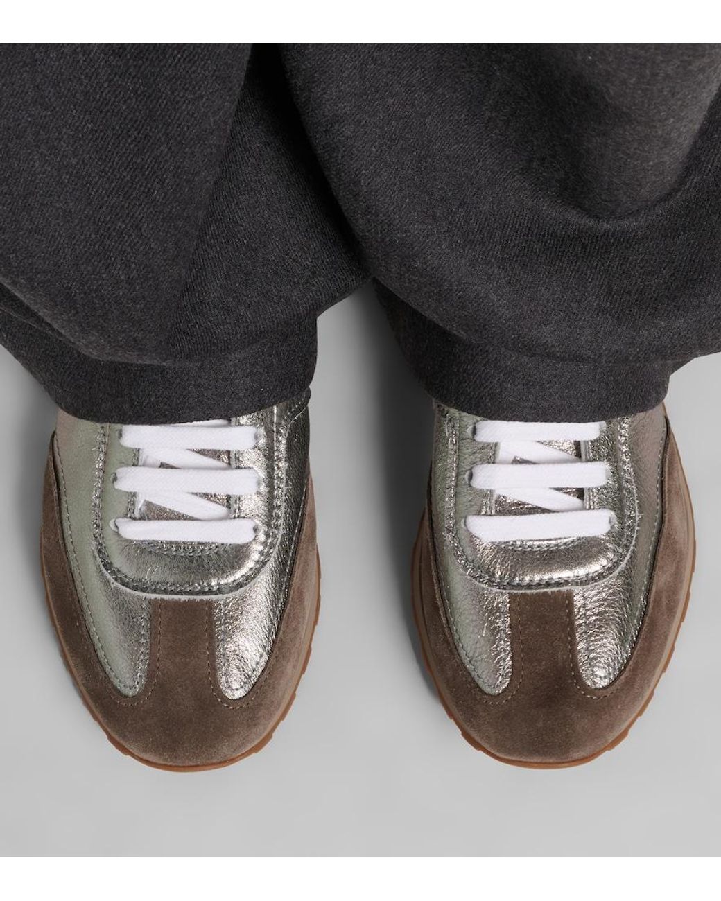 Brunello Cucinelli White Monili Suede-Trimmed Metallic Leather Sneakers