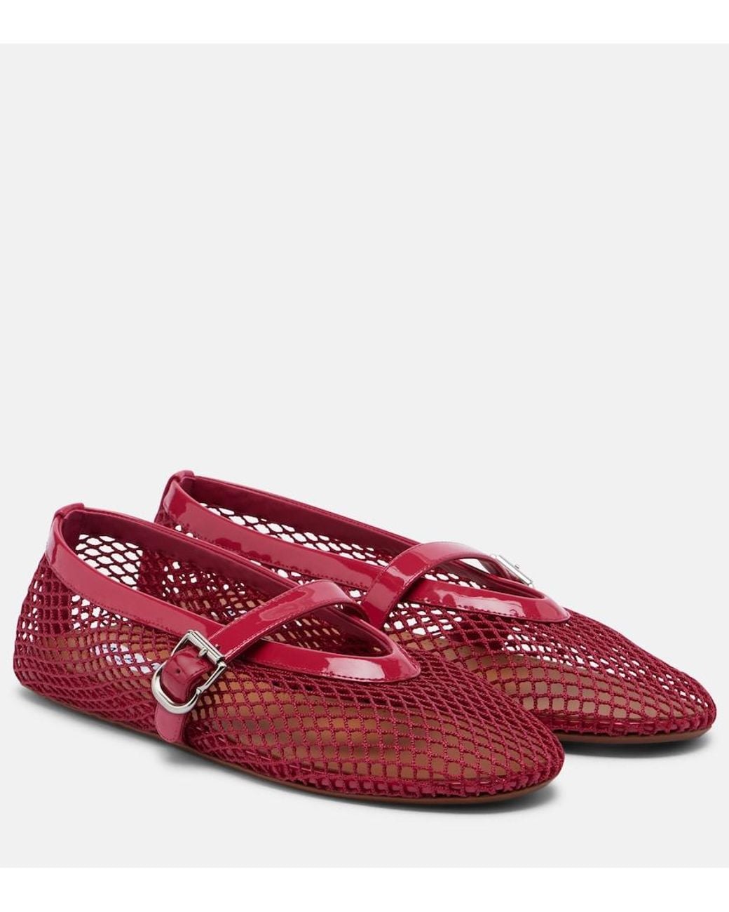 Alaïa Red Leather-Trimmed Fishnet Mary Jane Flats