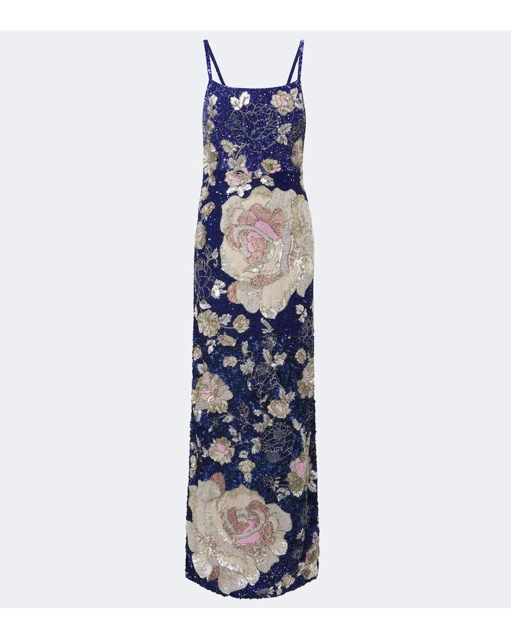 La Fuori Blue Sequined Floral Gown