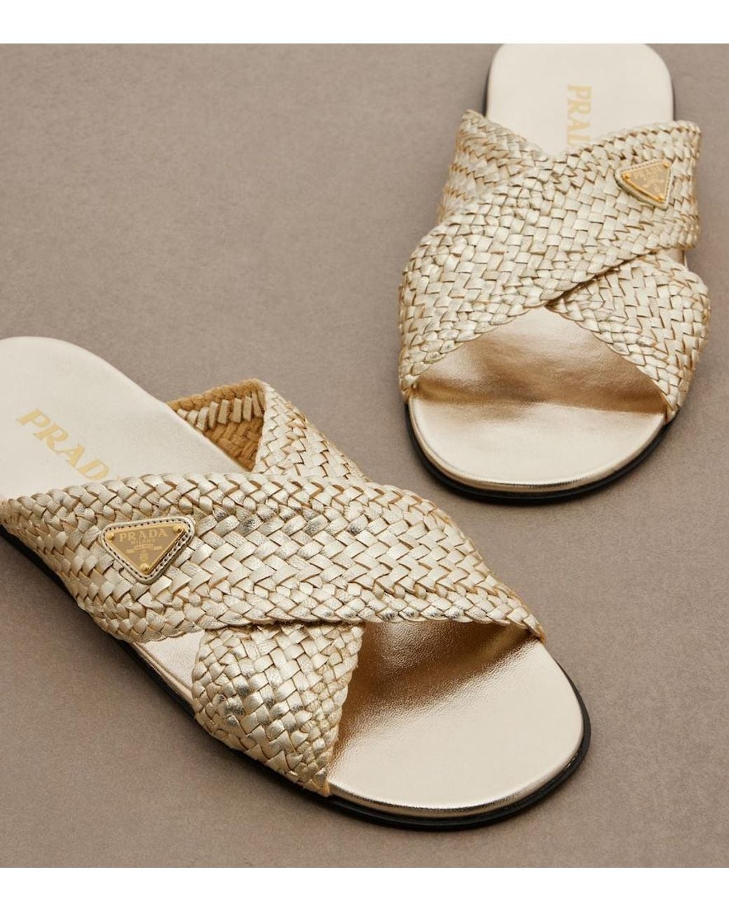 Prada White Woven Leather Slides