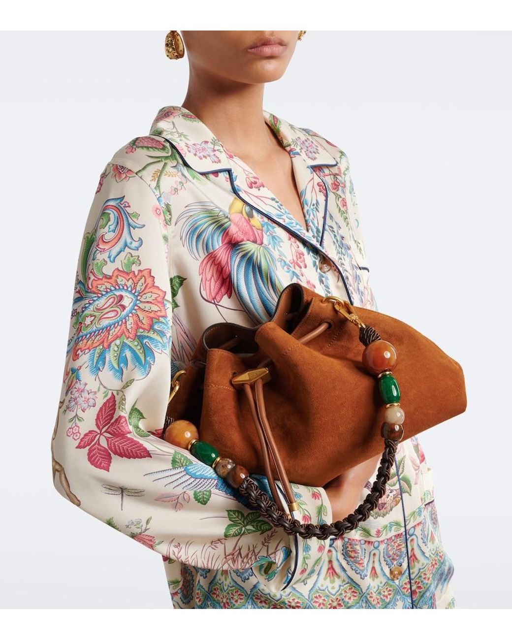 Jimmy Choo Brown Cinch Medium Beaded Suede Bucket Bag