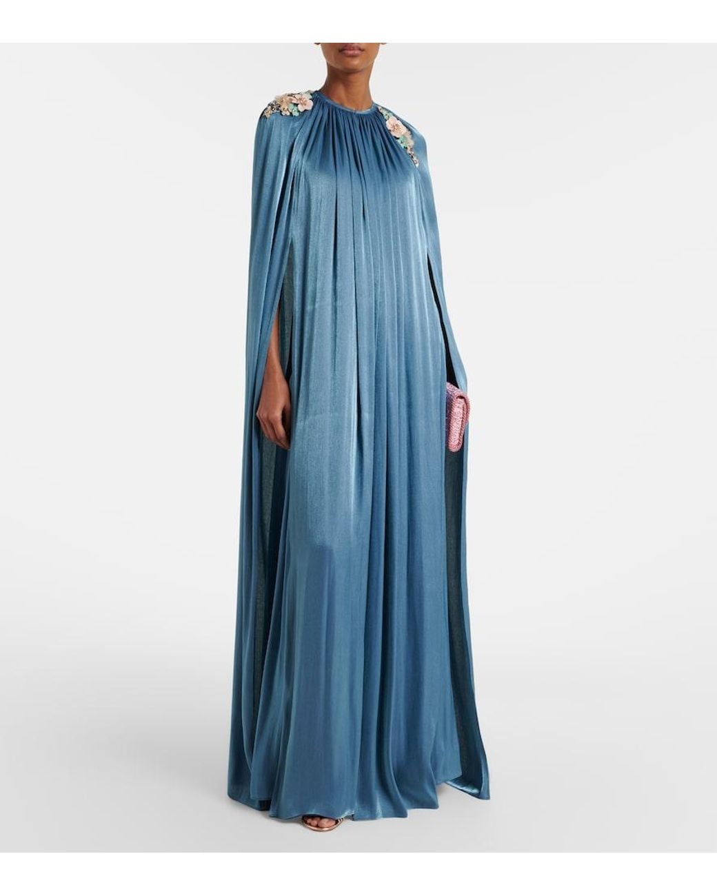 Costarellos Blue Embellished Pleated Caped Bustier Gown