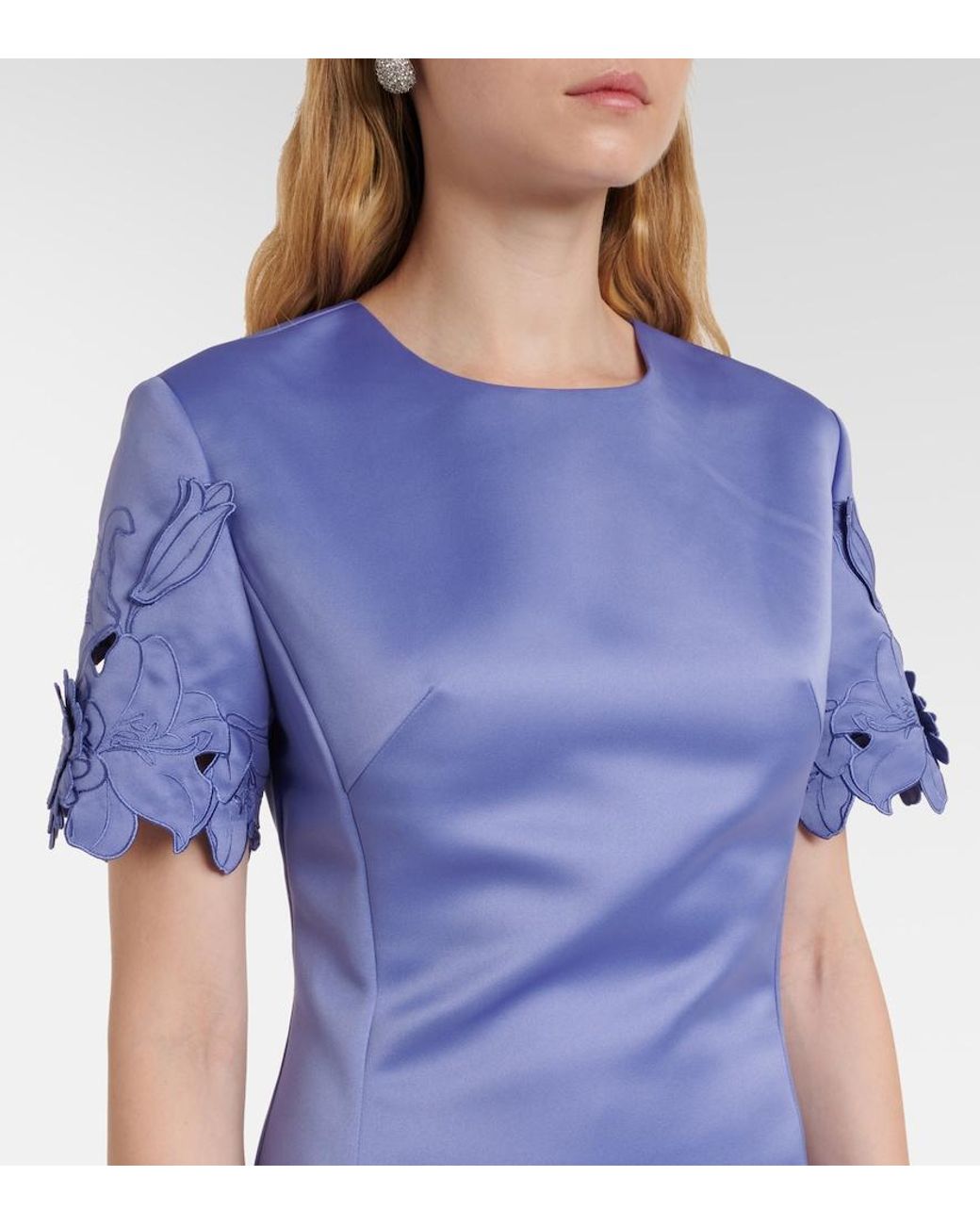 LEO LIN Blue Caroline Floral-Applique Satin Midi Dress