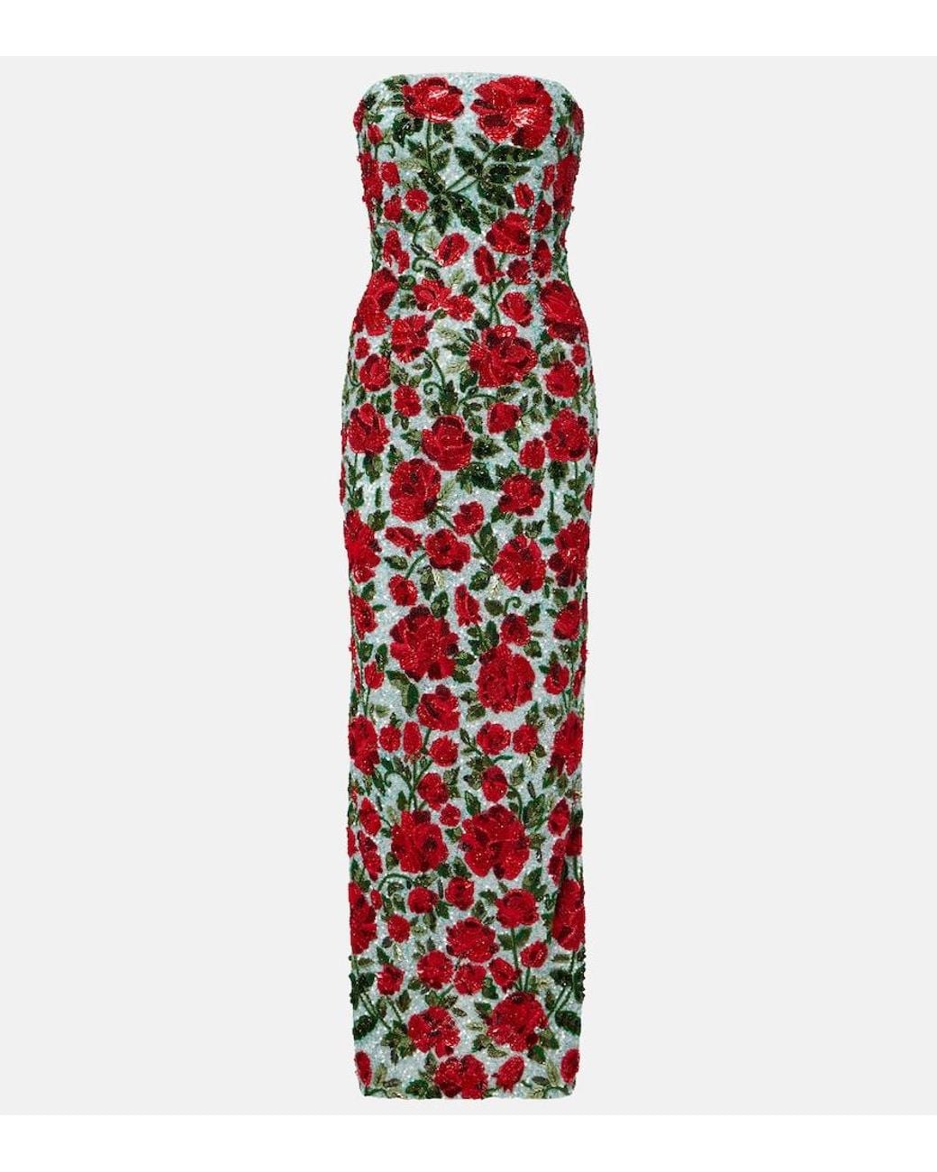 La Fuori Red Crimson Rose Embellished Bustier Gown